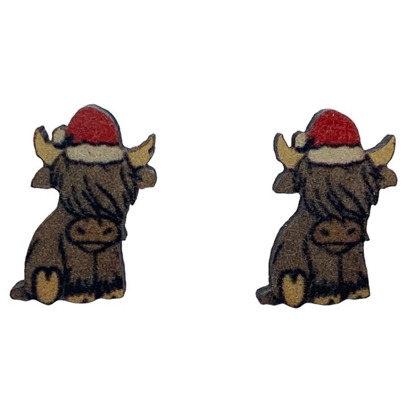 Western Style Long Haired Bull/Cow Christmas Stud Earrings - Picture 1 of 3